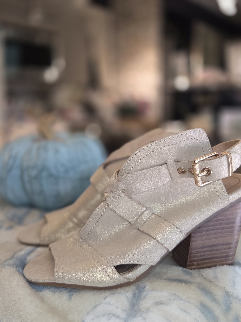 Women's Shimmery Champagne Block Heel Sandals with Buckle